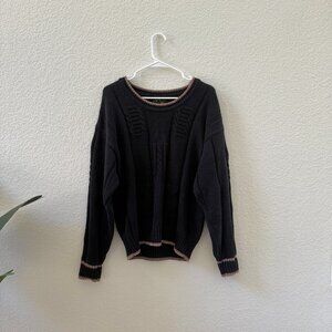 Vintage Black Cotton Sweater with Brown Trim